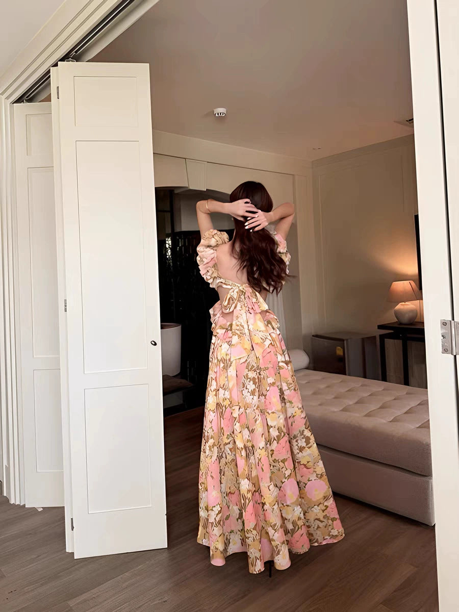 Elegant temperament South France light luxury floral age-reducing halter suspender long dress vacation skirt island-produced high-end dress