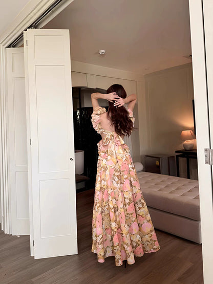 Elegant temperament South France light luxury floral age-reducing halter suspender long dress vacation skirt island-produced high-end dress