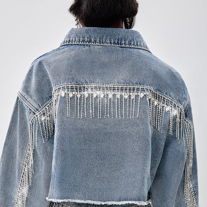 n high-end design trendy brand fashion lapel short diamond chain fringed jacket hip wrap short skirt denim suit women