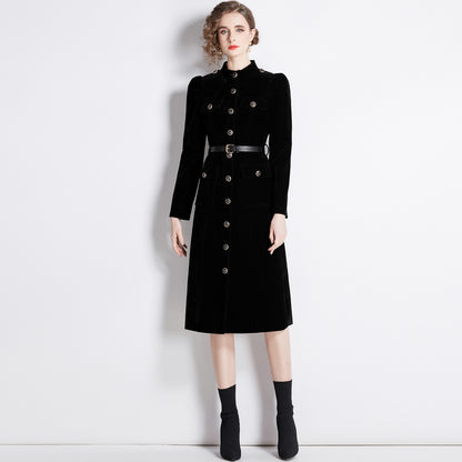 Black velvet trench coat women's  autumn and winter new Hepburn style stand-up collar slim fit medium and long coat tide