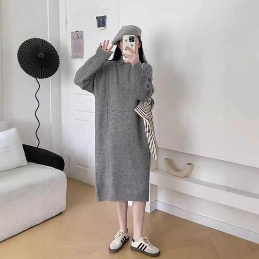 VLOVELAW Autumn and winter new polo collar pullover sweater bottoming skirt solid color long knee lazy loose knitted dress women
