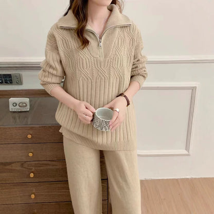 VLOVELAW Fashion high-end sweater set for women's autumn and winter lazy style zipper stand-up neck knitted sweater high-waisted wide-leg pants two-piece set
