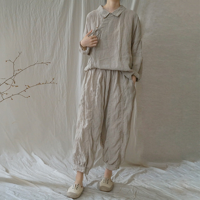 retro literary lapel slanted rain and dew hemp shirt, casual light Chinese natural hemp top S22262