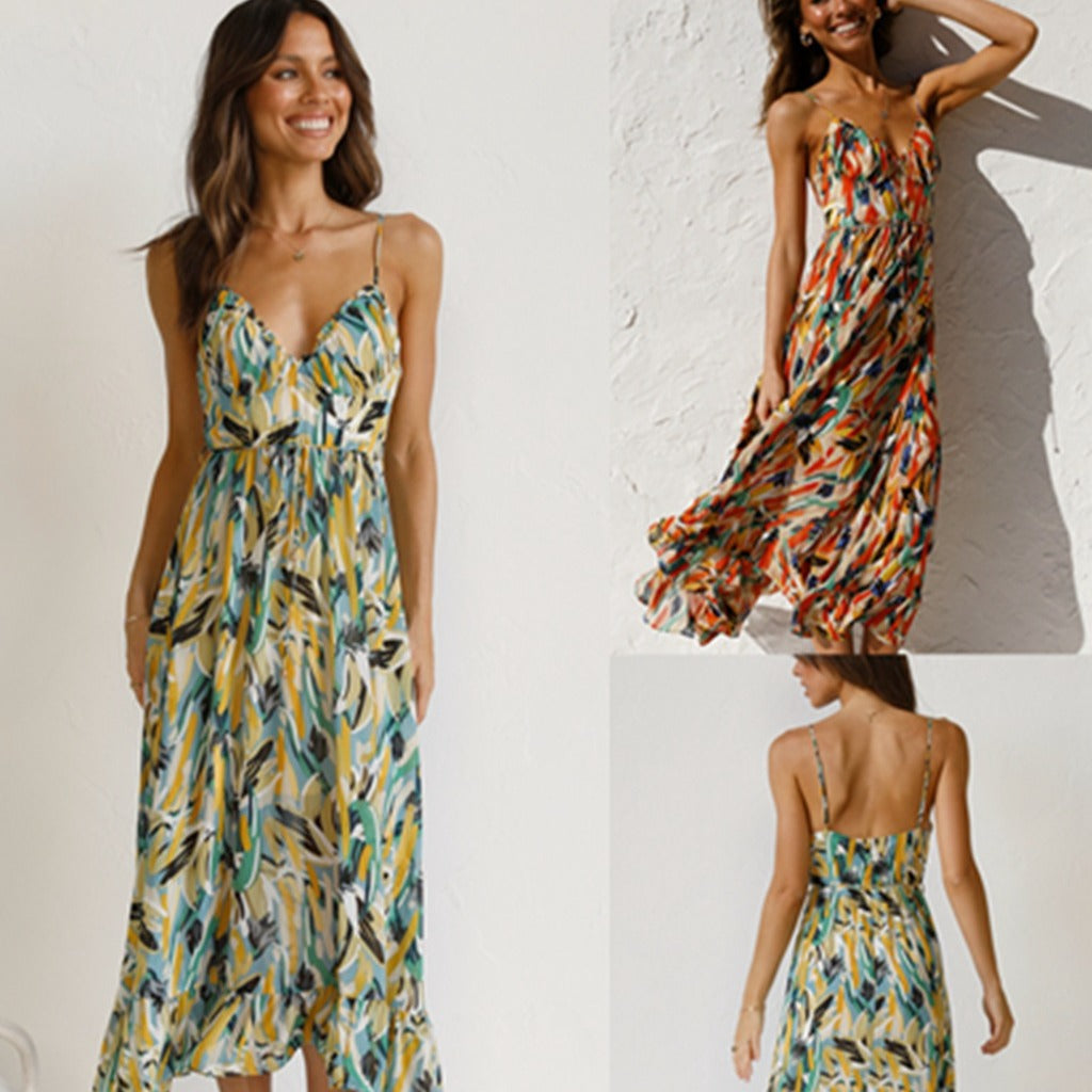 VLOVELAW European and American   Summer New Women's Printing Ruffle Sleeveless Dress
