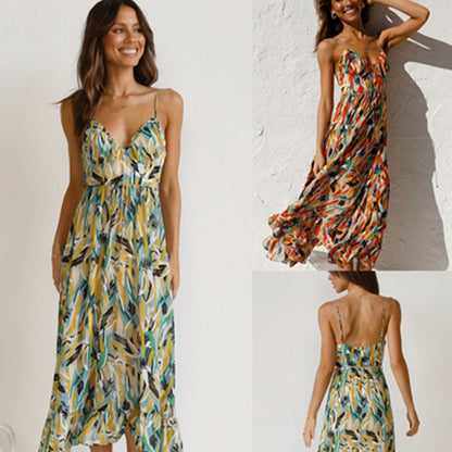 VLOVELAW European and American   Summer New Women's Printing Ruffle Sleeveless Dress