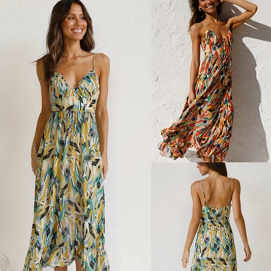 VLOVELAW European and American   Summer New Women's Printing Ruffle Sleeveless Dress