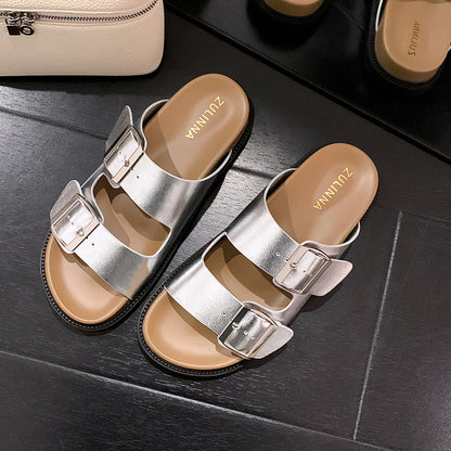 VLOVELAW  Grape Mom's Same Retro Genuine Leather Slippers round Toe with Square Buckle Adjustable Platform Casual Boken Slippers