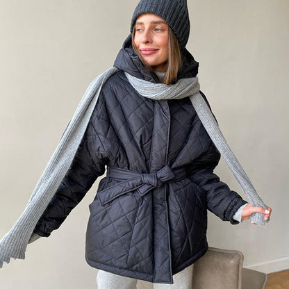 Cross-border foreign trade independent station Europe, America, autumn and winter hooded cotton-padded clothes, solid color warm jacket, top, women's single-breasted buckle with belt