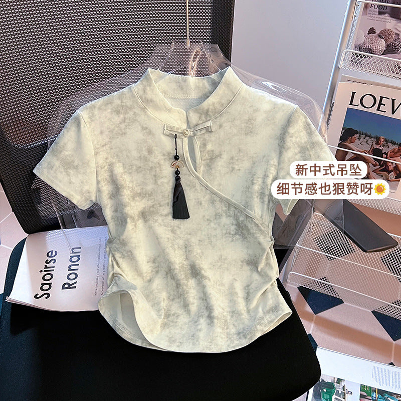 VLOVELAW Retro National Style New Chinese Style Frog Button Short Sleeve T-shirt Women's Summer  New Pleated Waist Tight Short Tie-Dyed Top