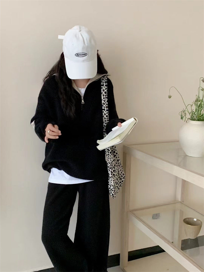 VLOVELAW Autumn and winter casual knitted suit women's New new pullover half zipper contrasting color lapel sweater wide-leg pants two-piece set