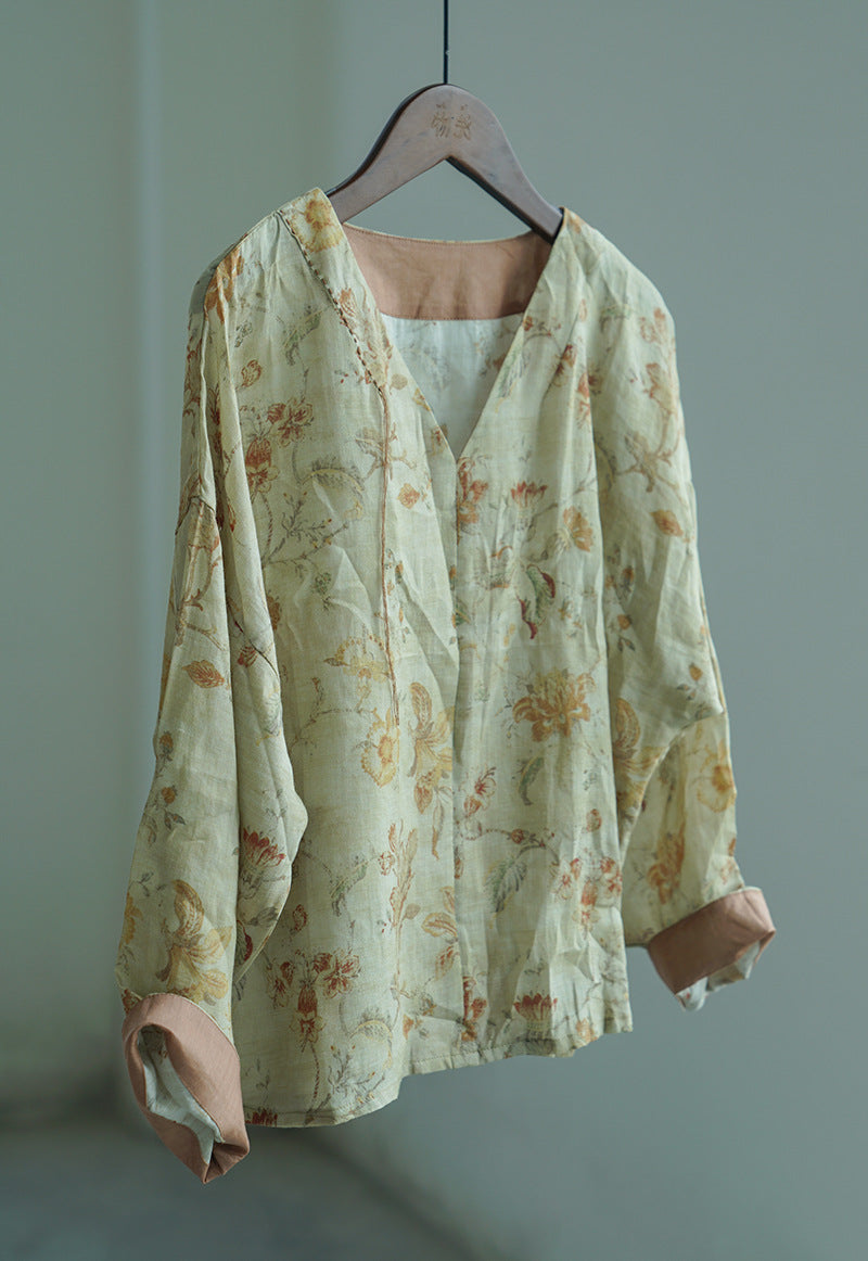 retro V-neck ramie pullover shirt, national style classical printing Song cool top S22208