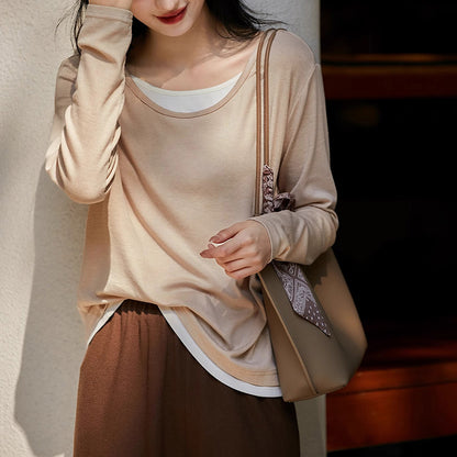 direct sales fake two-piece round neck long-sleeved T-shirt women's popular summer new casual simple splicing contrasting top