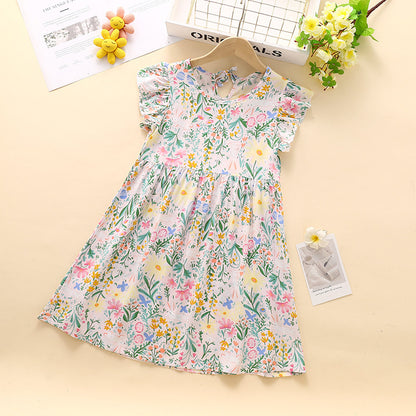 VLOVELAW Girls Dress Kids' Skirt Summer Baby Cotton Silk Floral Skirt Baby Girl Short Sleeve Princess Dress Clothes Children's Clothing