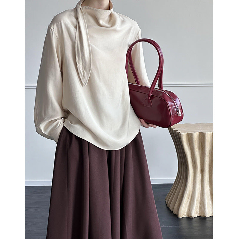 2025 Tachibana popular autumn new top niche temperament chic and thin irregular drape streamer shirt women 4533