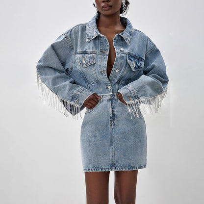 n high-end design trendy brand fashion lapel short diamond chain fringed jacket hip wrap short skirt denim suit women
