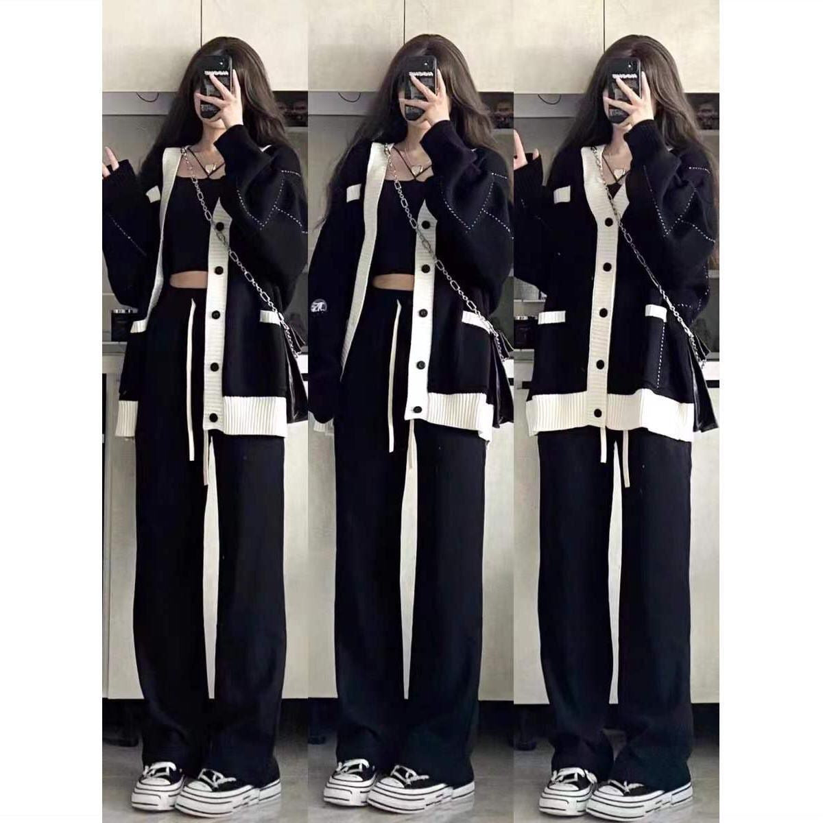 Black sweater jacket women's autumn and winter V-neck Japanese lazy college style color matching design sense niche knitted cardigan
