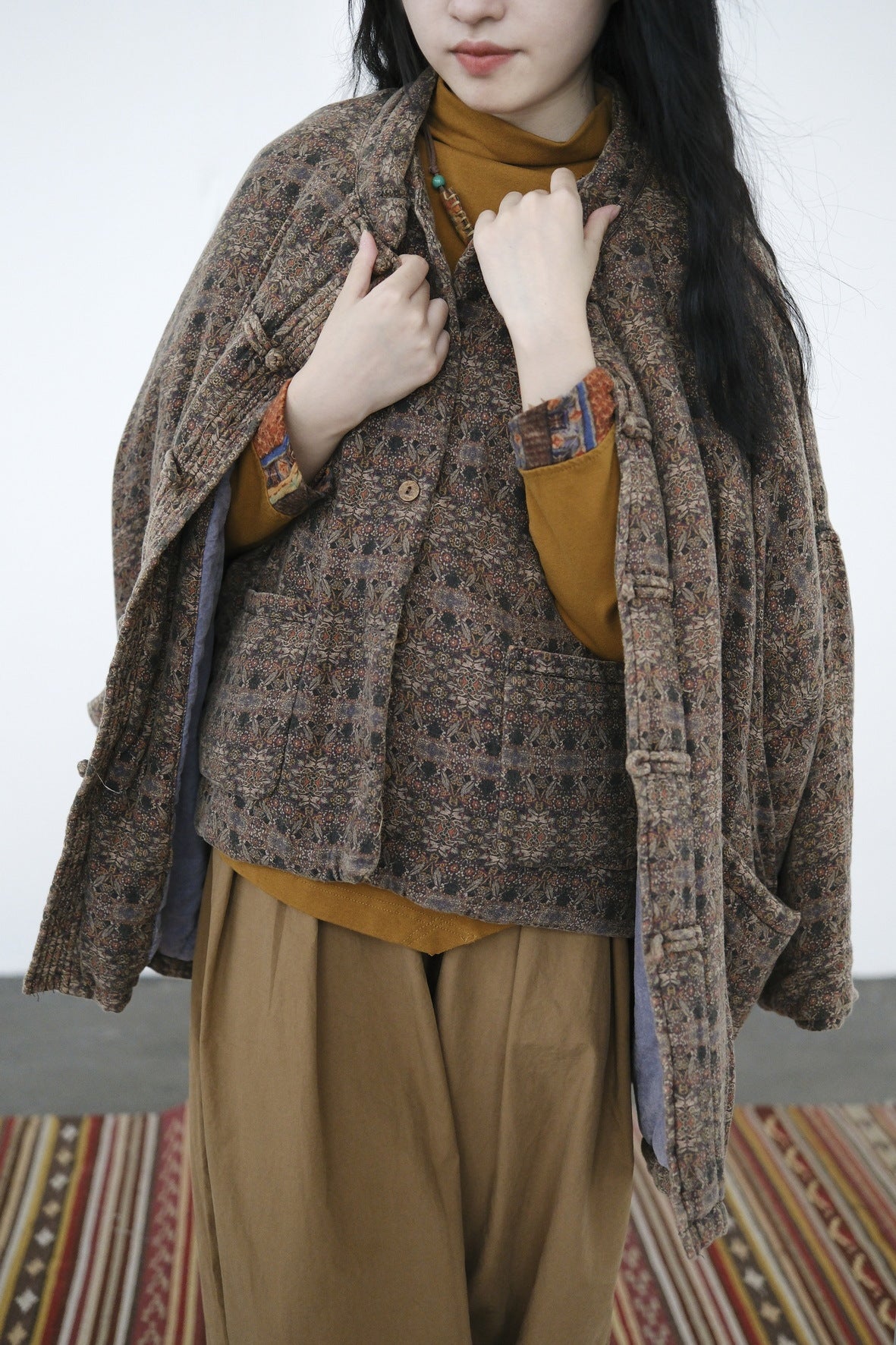 old retro printed loose cotton-padded clothes, heavy industry washed national comfortable casual thickened jacket M22338