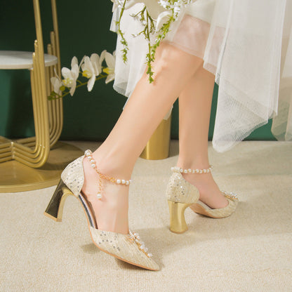 High Heel Wedding Shoes Women's  Four Seasons New Lace-up Beaded Bride Toasting Xiuhe Wedding Dress Two-Way Wear Not Tired Women's Shoes