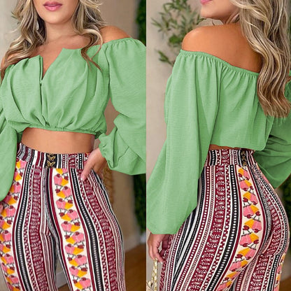 VLOVELAW European and American   Summer New off-Neck Women's Clothing  Sexy Print Pants Top Suit
