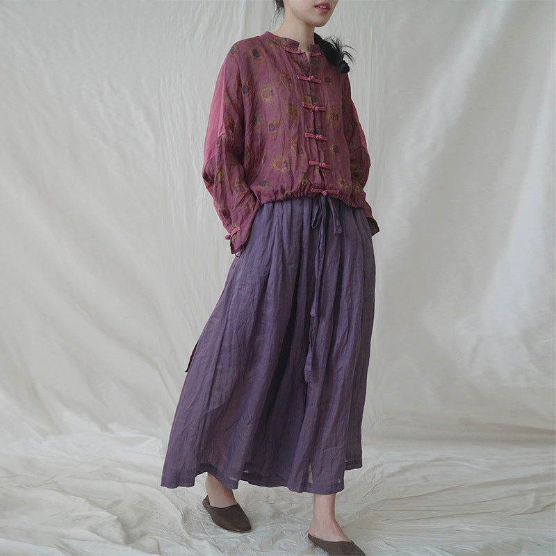 retro light Chinese printed ramie loose cardigan, early autumn national tide contrasting color art shirt S22277