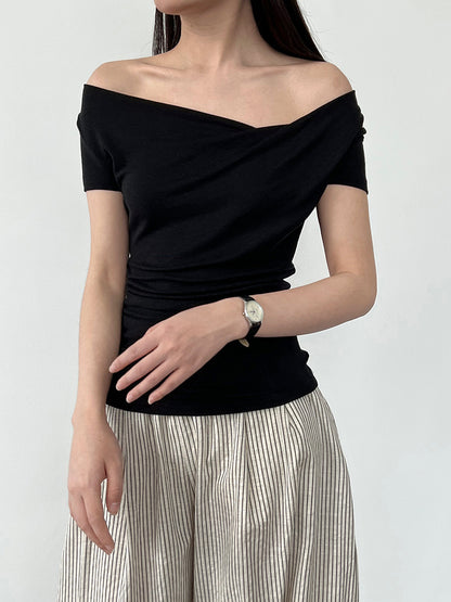 Luxi  slanted shoulder swing neck short-sleeved T-shirt women's summer silk wool soft waxy light slim slim top 2699