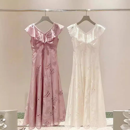 VLOVELAW [Golden Girl] S's 24 New Japanese Style V-neck Flounce Flying Sleeve Hollow Embroidery Dress 24039#