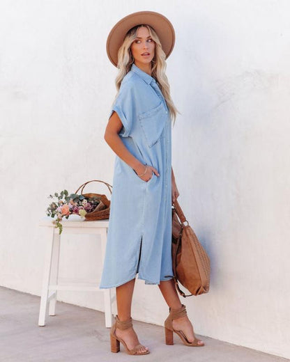 XIEYINSHE European and American  Cross-Border Wish Foreign Trade  Women's New Shirt Denim Dress Long Skirt Split