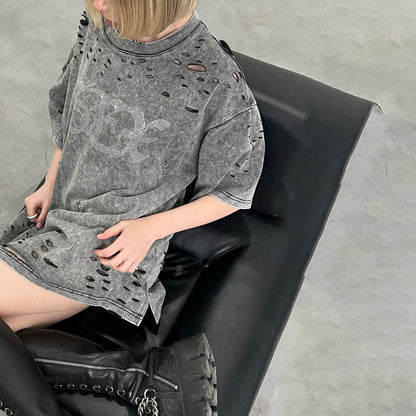n new trendy high street round neck hot diamond washed old ripped T-shirt versatile short sleeve loose metal top