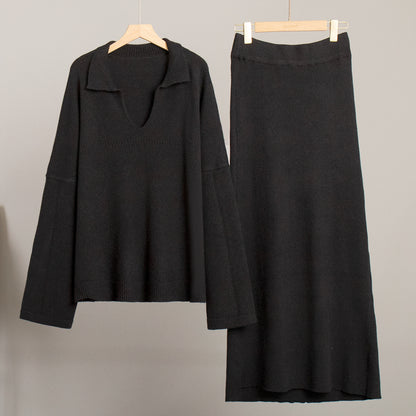 KKBOXLY Cross-border knitted set Europe, America New winter new fashion simple style V-neck knitted sweater skirt set