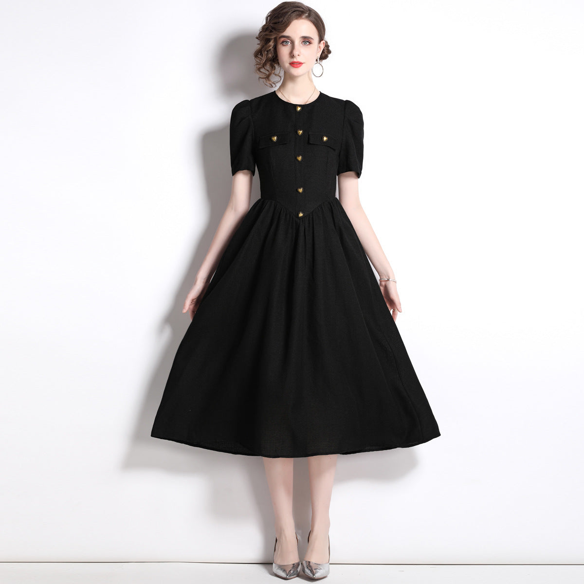 retro Hepburn style temperament waist dress women's summer  new coffee break  black skirt
