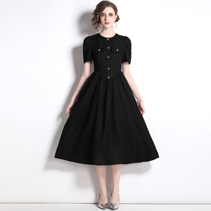 retro Hepburn style temperament waist dress women's summer  new coffee break  black skirt