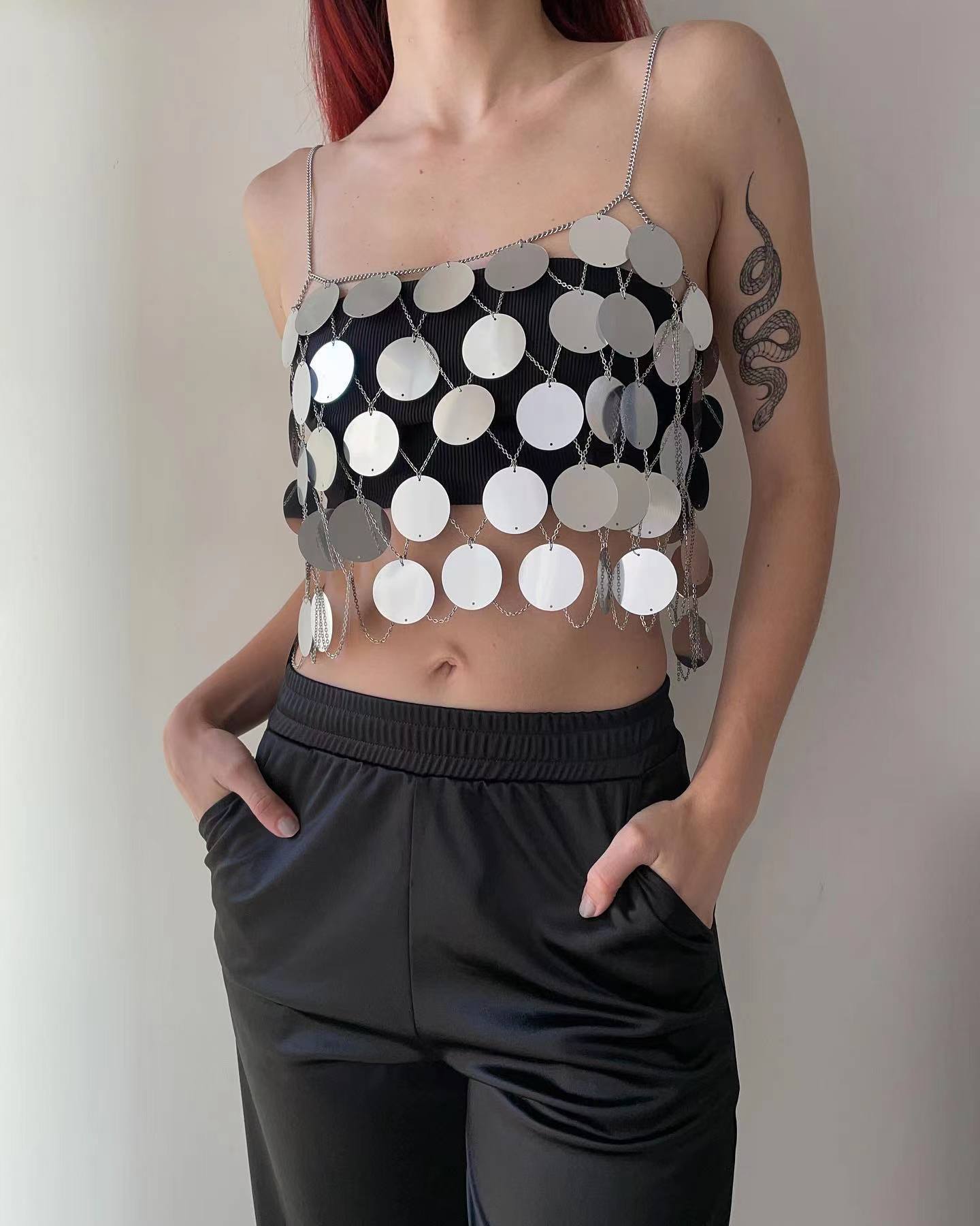 2025  180016 2025 vest nightclub round sequined metal chain connected shoulder top chest wrap small vest body chain