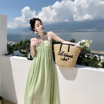 2025 super fairy seaside vacation dress summer green white neck dress women's small sleeveless suspender skirt