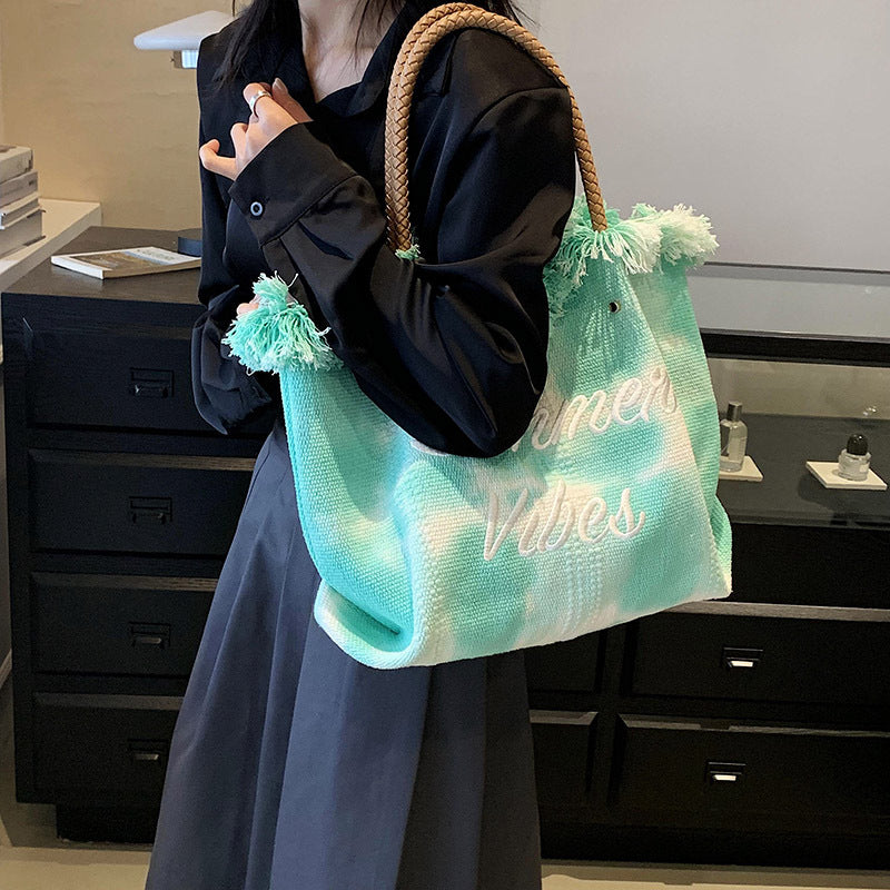 VLOVELAW Customized Cross-Border New Arrival Bag Women's Korean-Style Letter Tassel Canvas Bag Large Capacity Simple Student Shoulder Tote Bag