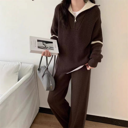 VLOVELAW Autumn and winter casual knitted suit women's New new pullover half zipper contrasting color lapel sweater wide-leg pants two-piece set
