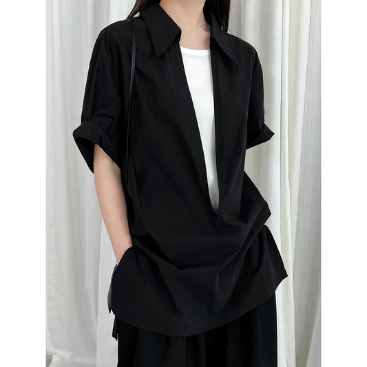 Luxi,  retro simple deep V-neck stacked short-sleeved shirt women's summer new commuter slim top 3595