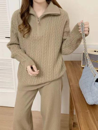 VLOVELAW Cross-border twist half-zipper lapel pullover sweater women's New autumn and winter new loose-knit casual pants two-piece set