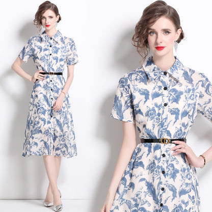Medium and long shirt shirt skirt women's popular summer new retro lapel single-breasted printed lace-up dress