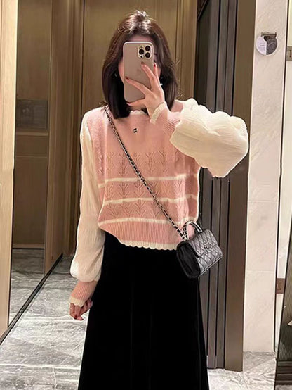 VLOVELAW sweet and spicy top Korean version fake two-piece striped knitted sweater women's fashion round neck short yarn sleeves look thin