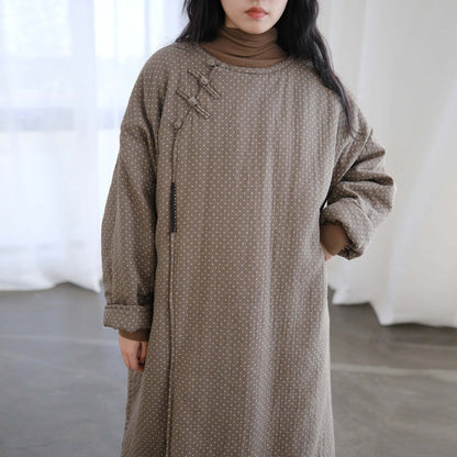 retro literary and artistic elegance polka dot diagonal placket thickened padded robe winter national style loose long cotton-padded coat L22369