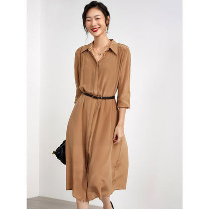 VLOVELAW Women's 4-Meter Inner and Outer 2-Layer Silk Dress Loose Tummy Hiding New Long Sleeve  Slimming Temperament Shirt Dress