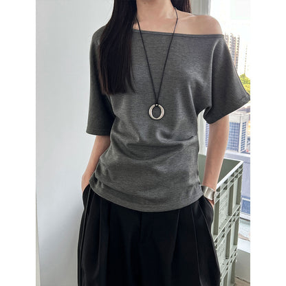 Lu Xi, lazy slanted shoulders loose short-sleeved women's summer new off-shoulder asymmetrical waist and thin T-shirt 2658