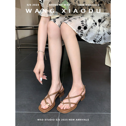 VLOVELAW  Women's Chunky Heel Temperament Fairy Style Thin Strap Sandals  New Summer Internet Celebrity Buckle Flip Toe Roman Shoes