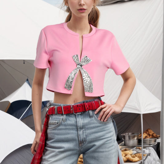 2025 summer new diamond sequined bow design short-sleeved T-shirt women's niche design short top