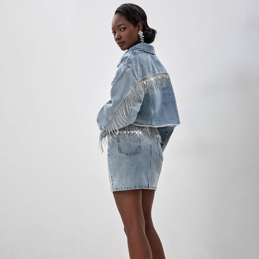 n high-end design trendy brand fashion lapel short diamond chain fringed jacket hip wrap short skirt denim suit women
