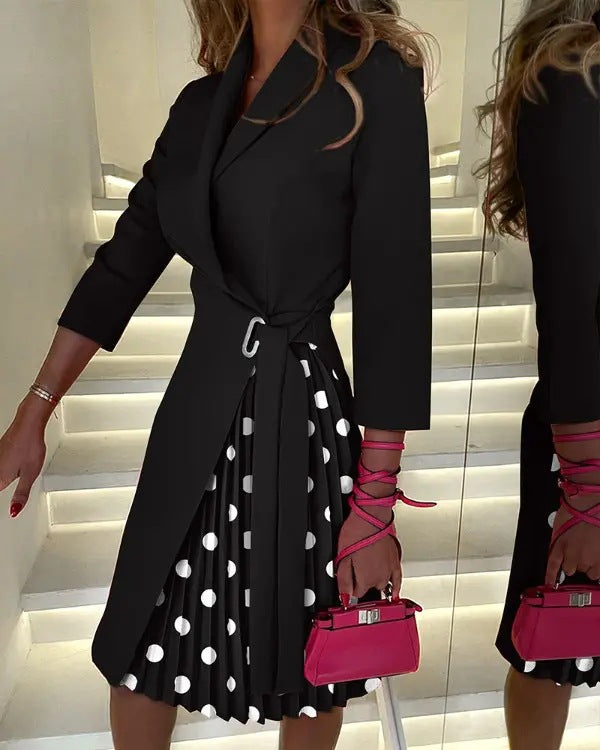 VLOVELAW Spring and Autumn New V-neck Fashion Tie Waist Pleated Stitching Half Sleeve Dress