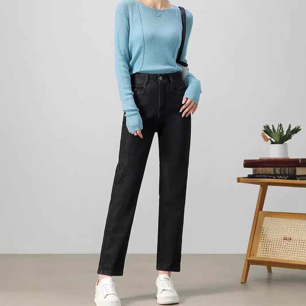 2025  Customized retro straight jeans women's spring and autumn high waist and thin fashion versatile commuter pipe pants