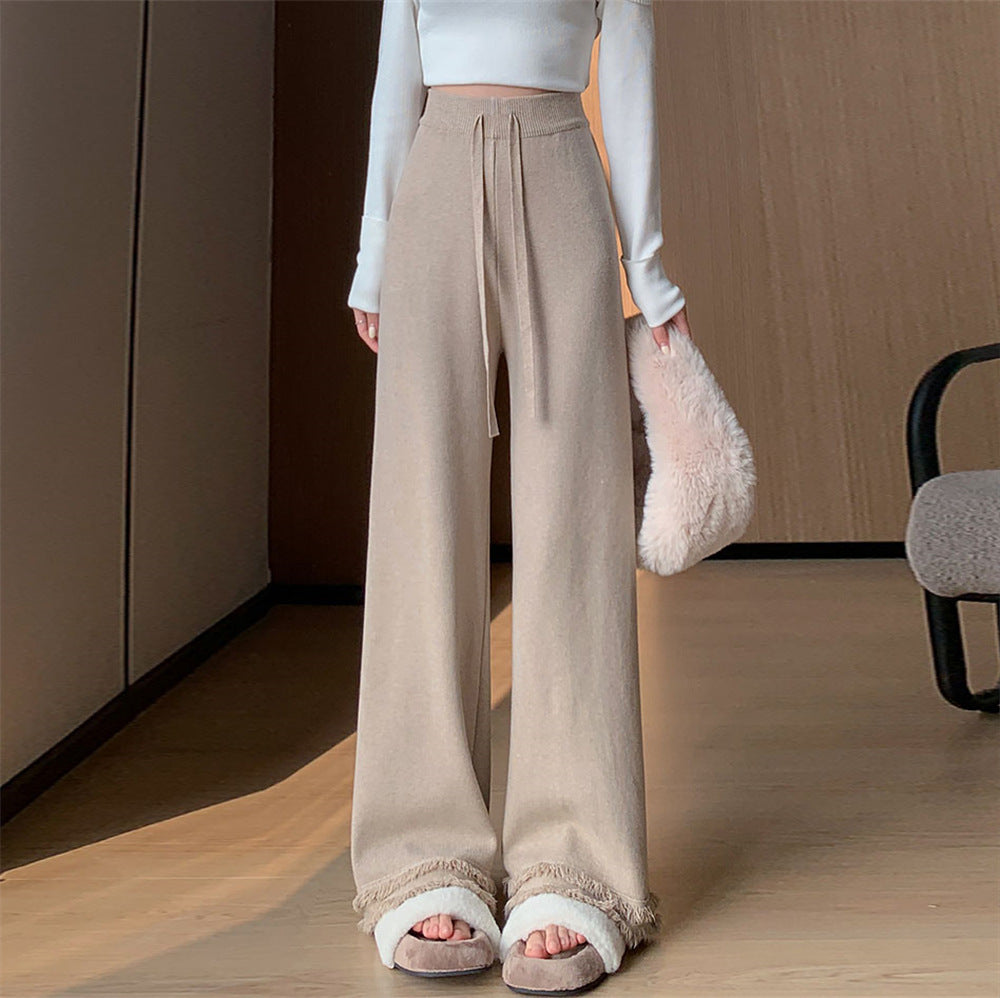 VLOVELAW Knitted fringed wide-leg pants women's New autumn and winter new high-waisted casual straight-leg pants soft waxy mopping long pants