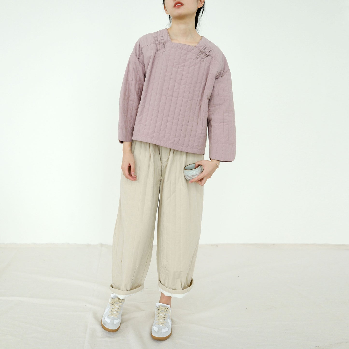 literary and artistic new Chinese-style quilting thread pressed square collar thin cotton-padded coat, cold loose cocoon-padded top M22371