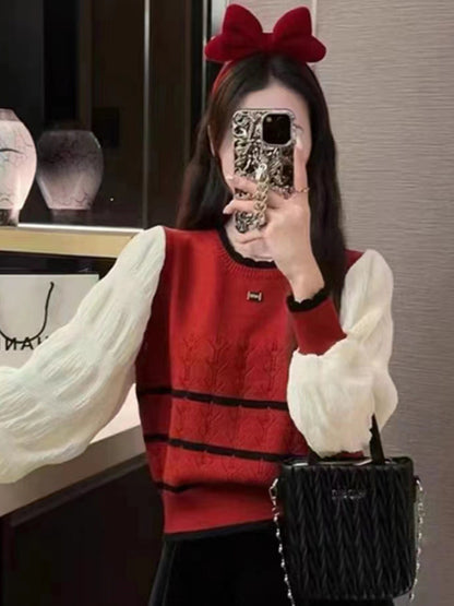 VLOVELAW sweet and spicy top Korean version fake two-piece striped knitted sweater women's fashion round neck short yarn sleeves look thin